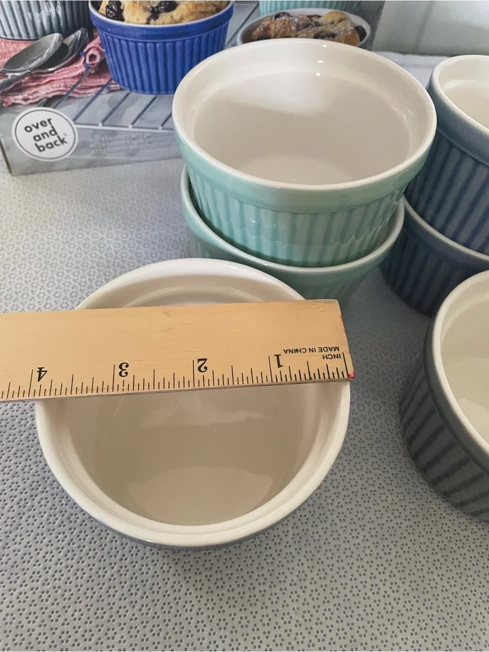 Cook & Serve Ribbed Ceramic Ramekins - Blue, Aqua, Gray Set of 6